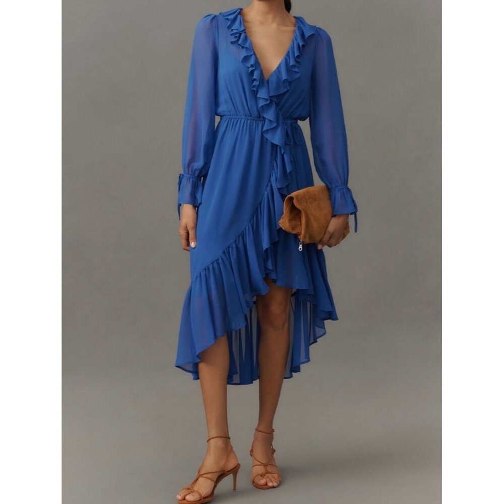 Anthropologie Long-Sleeve Ruffled Asymmetric Midi Dress Size S Blue